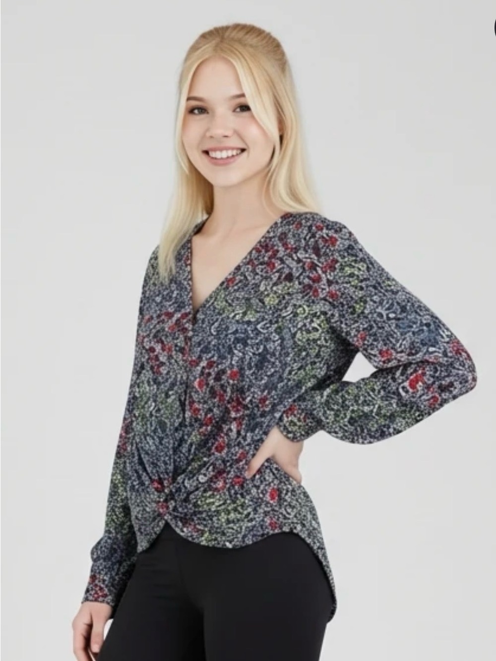 a.n.a Women's Floral Twist-Front V-Neck Blouse - Black with Red & Green Accents